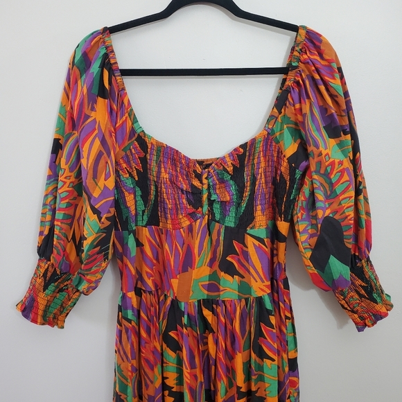 House OF HARLOW 1960 Meadow Print Ballon Sleeve Smoked Waist Midi Dress sz Large - Picture 4 of 15